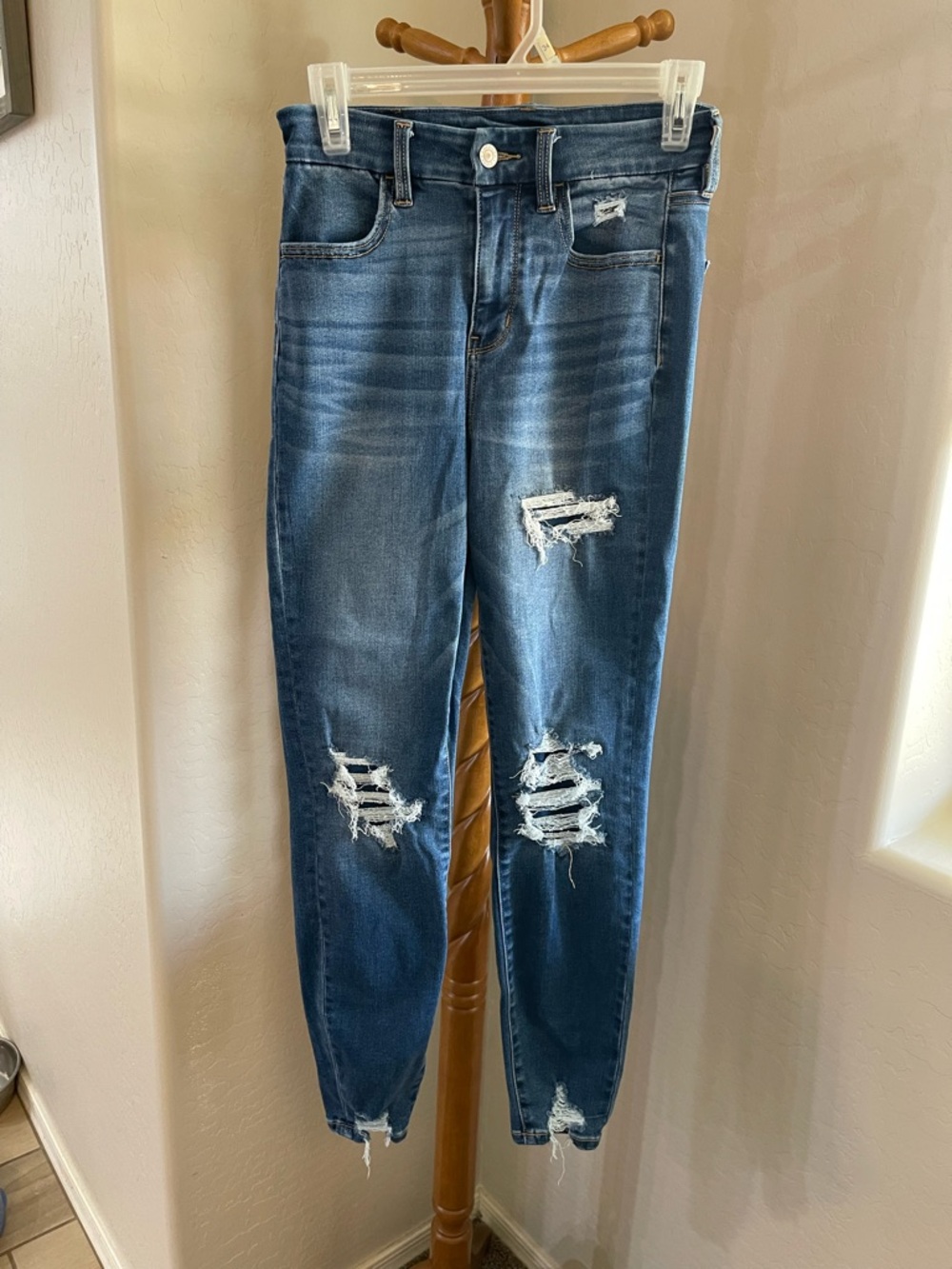 American Eagle High Rise Distressed Jeggings Dark Wash Skinny Size 4 Reg